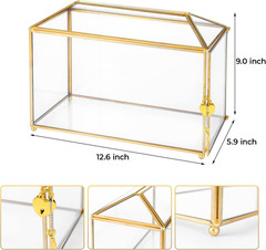 Glass Wedding Card Box with Lock, 12.6X5.9X9 Inches Large Gold Card Boxes for We