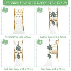 48 Sets White Chiffon Chair Sashes with Ribbon Bows & Eucalyptus for Wedding Ais