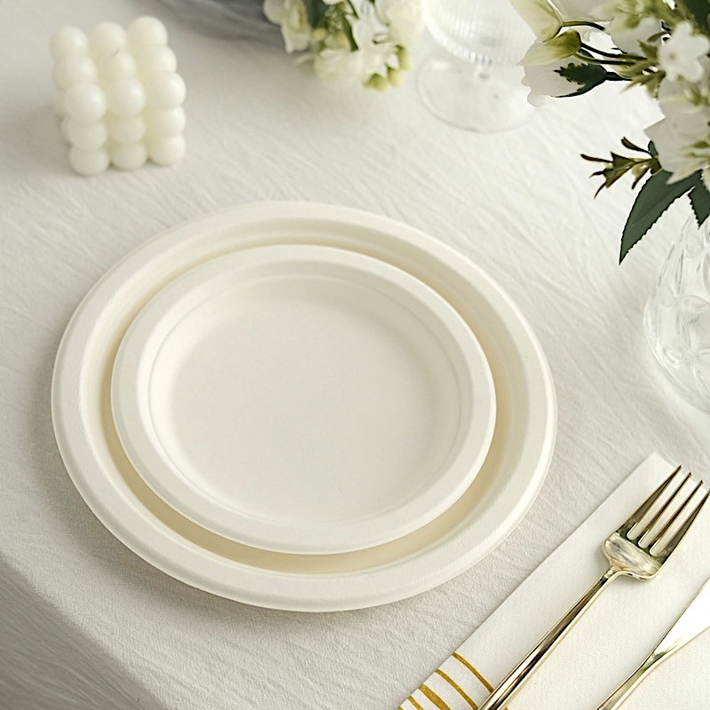 50 Round 7″ WHITE Bagasse Sustainable SALAD PLATES Party Events Decorations