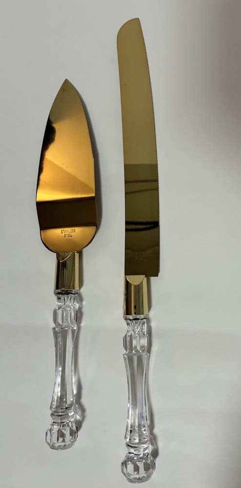 Clear Gold Cake Knife and Server Set, Steel Plated Blades with Acrylic Handles