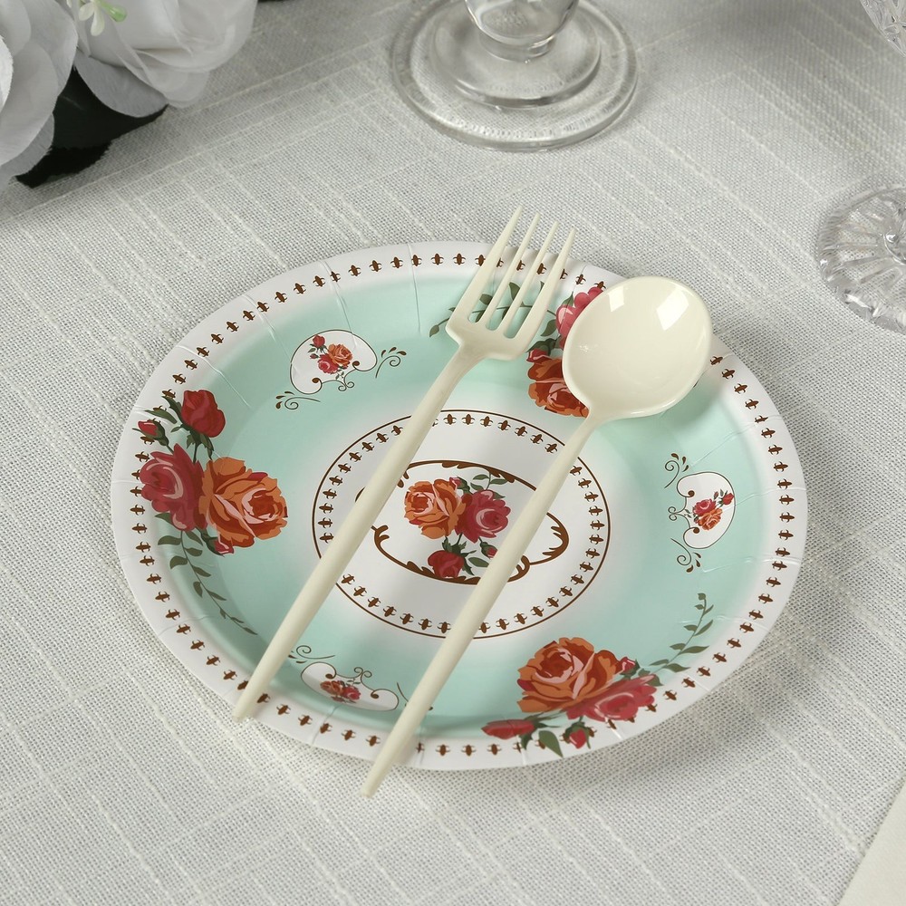 25 TURQUOISE 7″ Paper Round Plates with Vintage Rose Flower Print Wedding