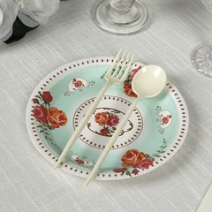 25 TURQUOISE 7″ Paper Round Plates with Vintage Rose Flower Print Wedding