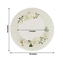25 White Sage Green Dinner Paper Plates with Floral Lined Rim Decorations