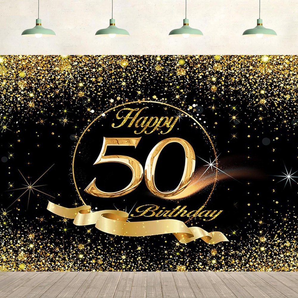 50th Birthday Backdrop 10x8ft Gold Black Birthday Sign Poster Photo Backdrop …