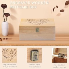Wooden Memory Keepsake Box, Floral Heart Engraved 9.8″L x 7.8″W x 4.1″H Khaki