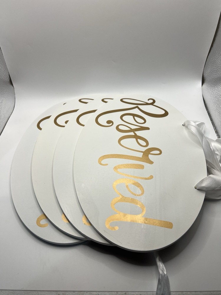 Set Of 4 Wooden White & Gold Lettering Reserved Signs+White Ribbon Ties -Wedding