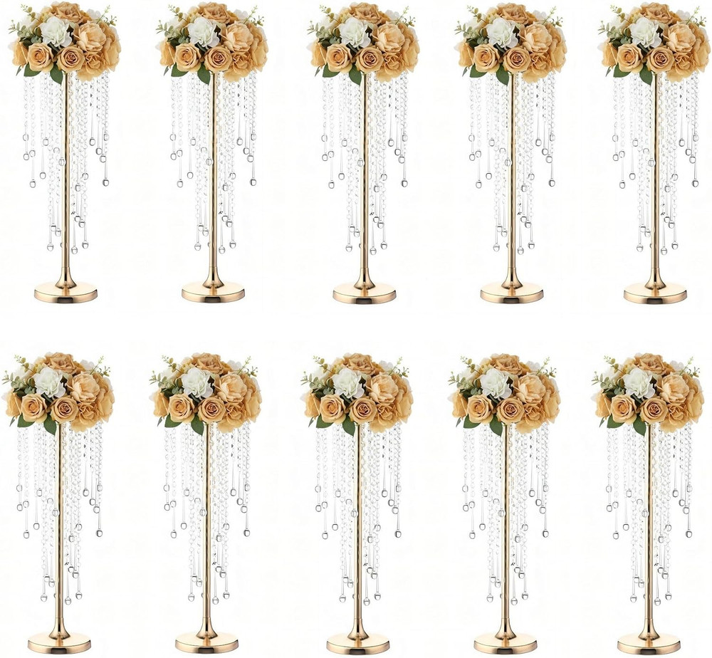 Elegant 10 Pcs Gold Metal Crystal Flower Stands for Wedding Centerpieces