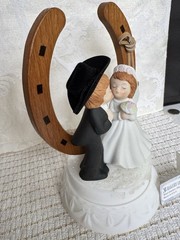 Western Wedding Cake Topper Groom In Cowboy Hat Bride w Lucky Horseshoe