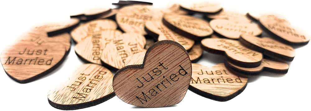 Wooden Heart Confetti ~ Just Married ~ Wood Hearts, Wood Confetti Engraved Love