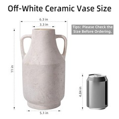 White Ceramic Flower Vase with Handles, 11 in Tall Rustic 11inch Vintage White