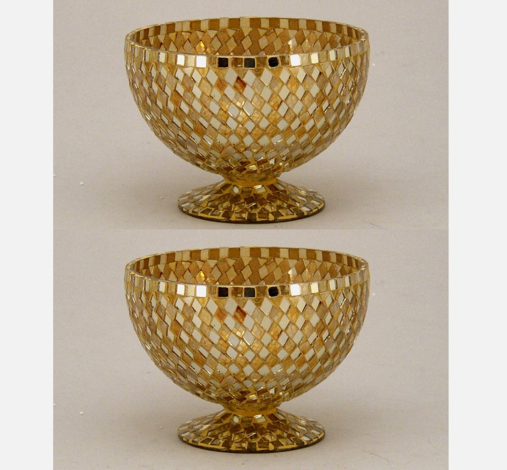 Compote Bowl Vase Gold Mosaic on Glass Centrpiece 6″D 4.5″H Set/2 FREE SHIPPING