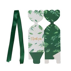 25 WHITE GREEN Leaves Print Gift Favor Boxes with Satin Ribbon Party Events