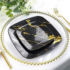 10 BLACK GOLD Square Metallic Marble Plastic Salad DINNER PLATES Party Tableware