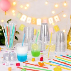 Set of 100 16oz Clear Plastic Cups—Colorful Straws—16 Fluid Ounces