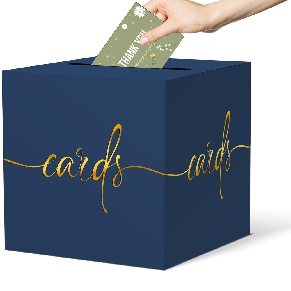 Navy Blue Card Box with Gold Foil Design for Wedding, Party, Graduation Event