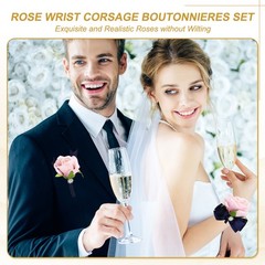 2Pcs Wrist Corsage Boutonnieres Set with Navy Blue Ribbon, Light Autumn Pink