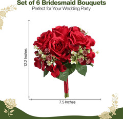 Set of 6 Burgundy Silk Rose & Hydrangea Bridesmaid Bouquets for Weddings