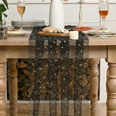 Artoid Mode Gold Stars Black Gauze Table Runner 120 Inch 10FT, Reversible Gli…