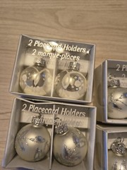 Christmas Ball Ornament Place Card Photo Holders Set of 10 Pearlized White Shiny