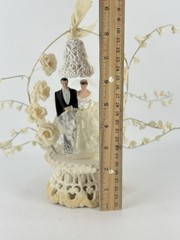 Vintage Art Deco Bride Groom Wedding Topper Bell Clapper Lace Ceramic Stand Silk