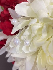 2 Silk Flower Bouquets Red/Ivory/Green w/Rhinestones & Faux Pearls 2 piece set