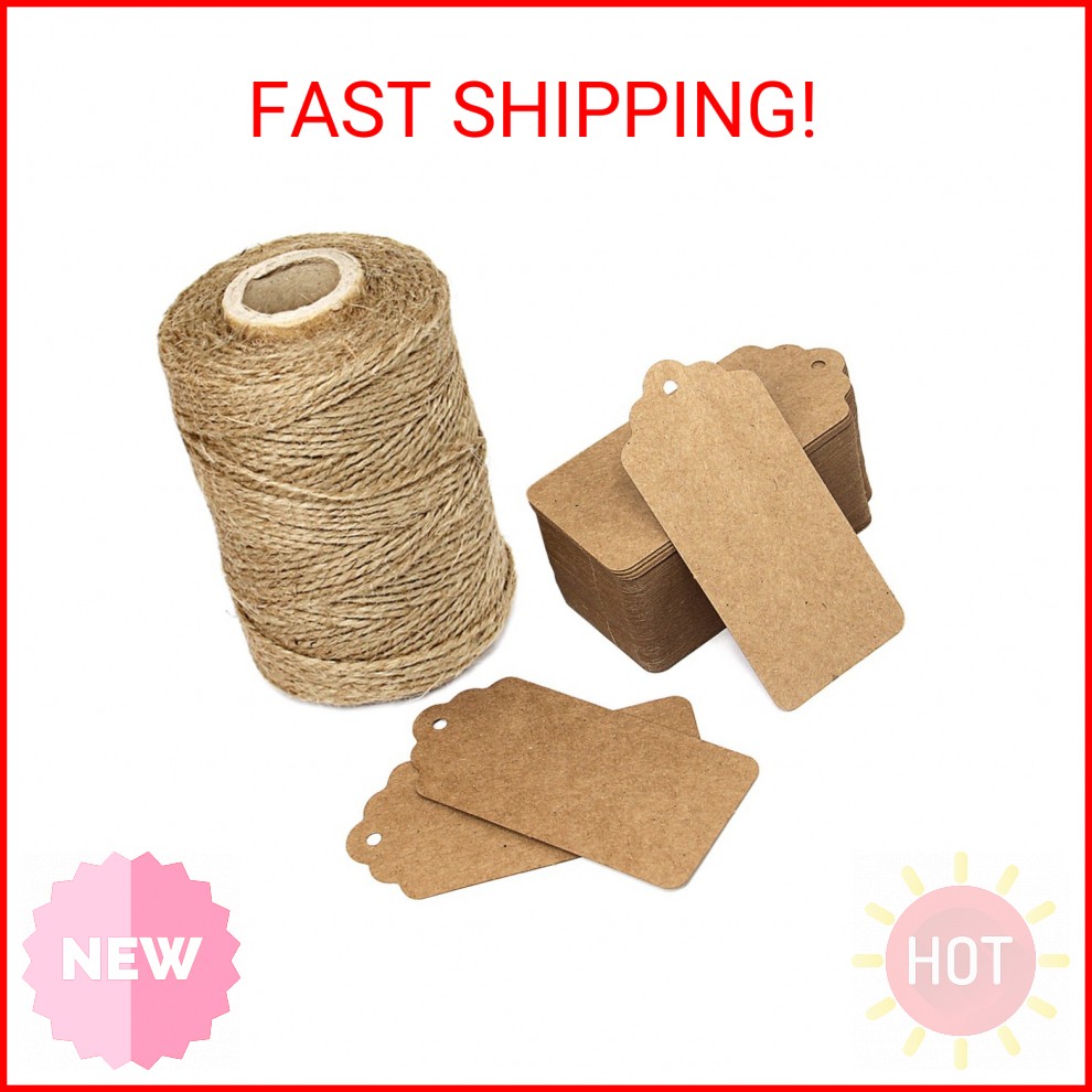 300 Feet Natural Jute Twine and 100PCS Brown Rectangle Kraft Paper Gift Tags for