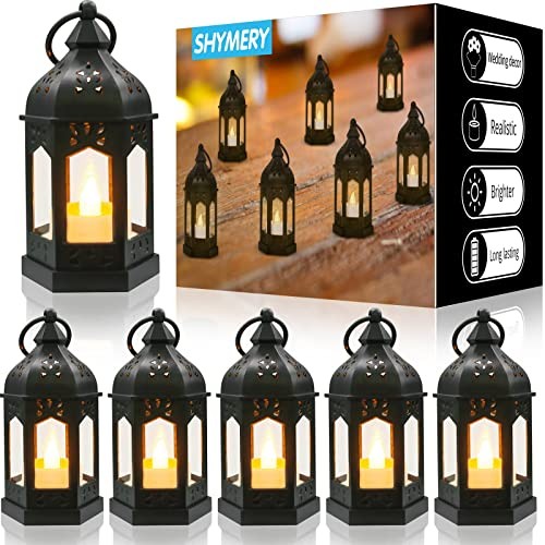 Mini Lantern with Flickering LED Candles,Vintage Black Decorative Black-6Pcs