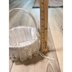 Vintage White Satin Lace Flower Girl Basket Faux Pearl Rhinestone Bow Wedding