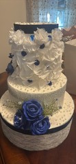 Tiered Faux Wedding Cake Centerpiece Decorative White & Blue Floral Roses