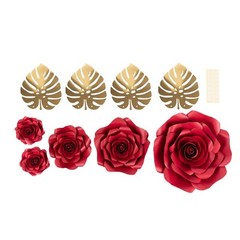 9 RED 3D Rose Paper Flowers with Gold Monstera Leaves Wedding Decorations