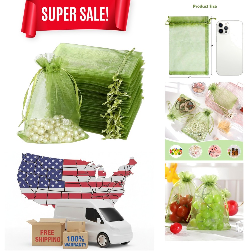 Versatile Green Organza Bags, 100-Piece Set for Weddings and Christmas Gifts