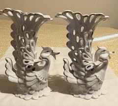 Table Centerpieces White Porcelain Swan Vase Planters Pierced Reticulate Design