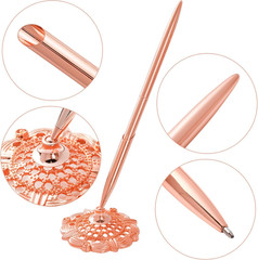 2Pcs Rose Gold Wedding Pen and Metal Pen Stand Holder Set Signing Desk Ballpoint