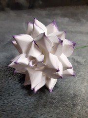 7 Handmade Paper Flowers on stems (White w/Purple tips) for Wedding, Valentine’s