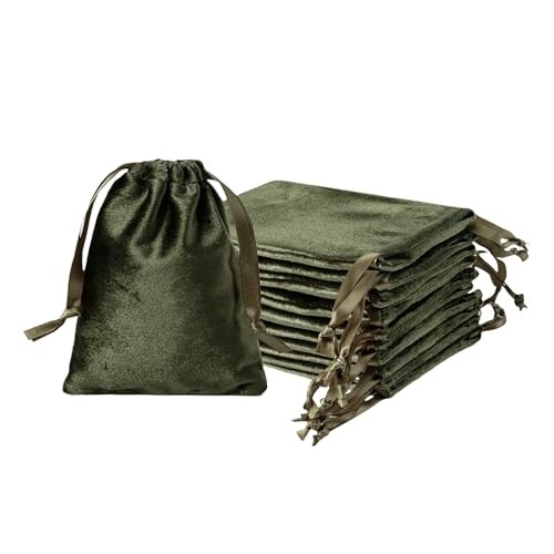 12pcs Velvet Drawstring Bags 3×4 Inches – Glossy Small Velvet – Moss Green