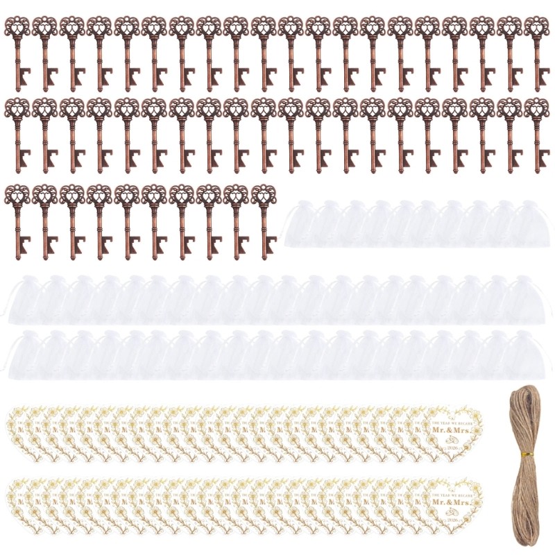 50Pcs Antique Alloy Bottle Opener with Organza Drawstring Pouches for Wedding