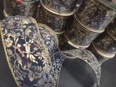Exquisite Navy Sheer Ribbon, 10 Yards, Gold Leaf Stamped Floral Vine, Wired 2″