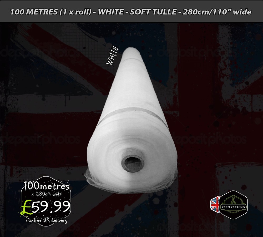 100 metres Roll – WHITE – SOFT TULLE FABRIC – BRIDAL & CRAFTS – 280cm/110″ wide