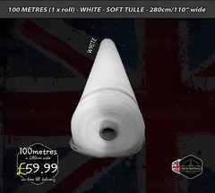 100 metres Roll – WHITE – SOFT TULLE FABRIC – BRIDAL & CRAFTS – 280cm/110″ wide