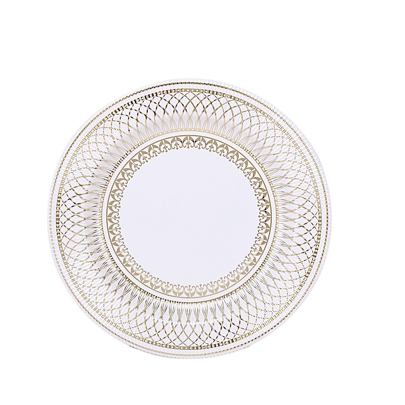 25 White Gold 10″ Porcelain Design Round Paper Plates Party Events Decorations