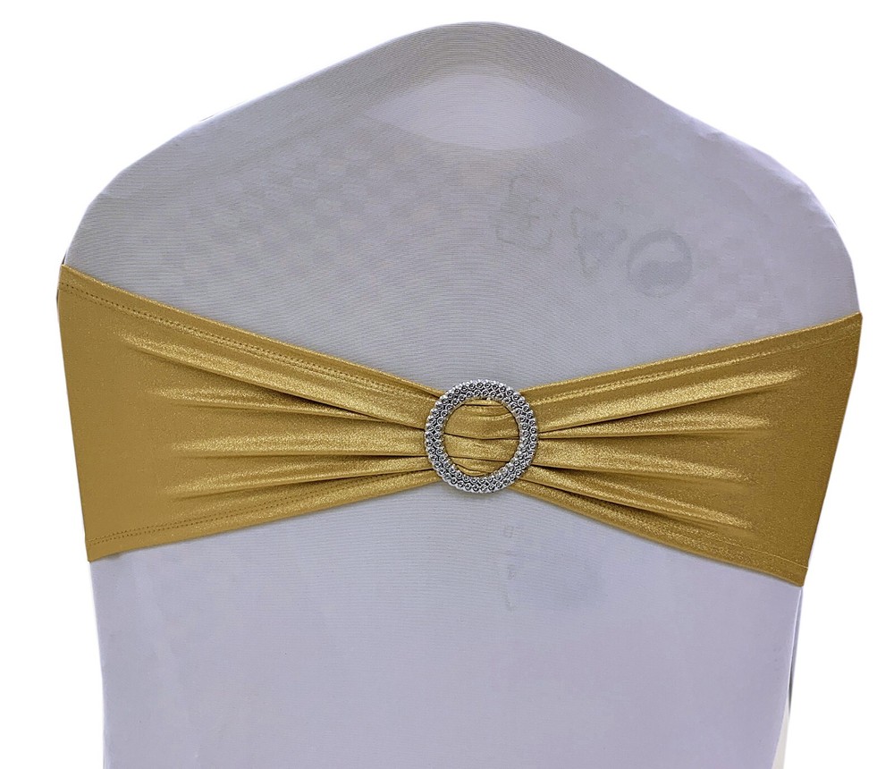 Metallic Gold, Spandex Stretch Chair Sashes Bow with Slider Buckle Wedding Party