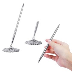 Silver 2 Pcs Hollow Round Pen Holder Set for Signing & Ballpoint Pens
