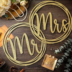 Yousoontic 2 Pcs Golden Wood Mr and Mrs Chair Signs Glitter Bride and Groom T…