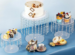 Acrylic Wedding Cake Stand Set – 3 Clear Round Stands with Crystal Pendants