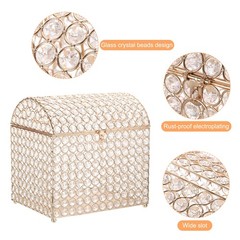 Crystal Card Box with Heart Lock, 10.7″ x 8.3″ x 11″ Wedding Card Box Gold
