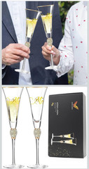 KOWLOON Mr & Mrs Crystal Wedding Toasting Flutes Rhinestones Gold Rim