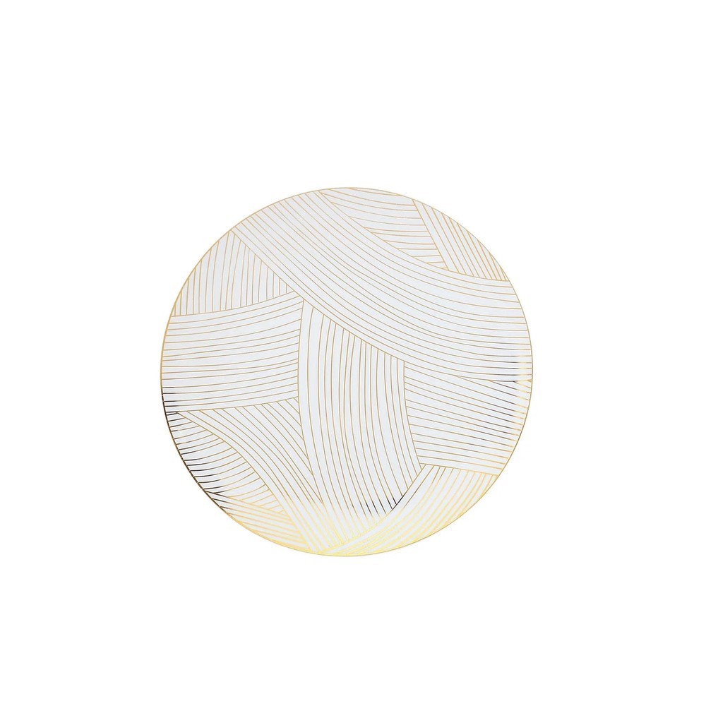 10 White 7″ Round Plastic Salad and Dinner Plates Gold Strokes Party Decorations