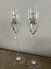 Vintage BRIDE and GROOM champagne wedding Flutes
