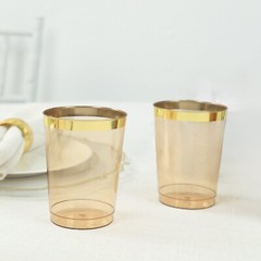8 oz Plastic AMBER GOLD with GOLD Rim CUPS Disposable Tableware Party Wedding