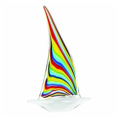 Elegant Murano Style Art Glass Colorful Centerpiece – Rainbow Sailboat, 14 Inch